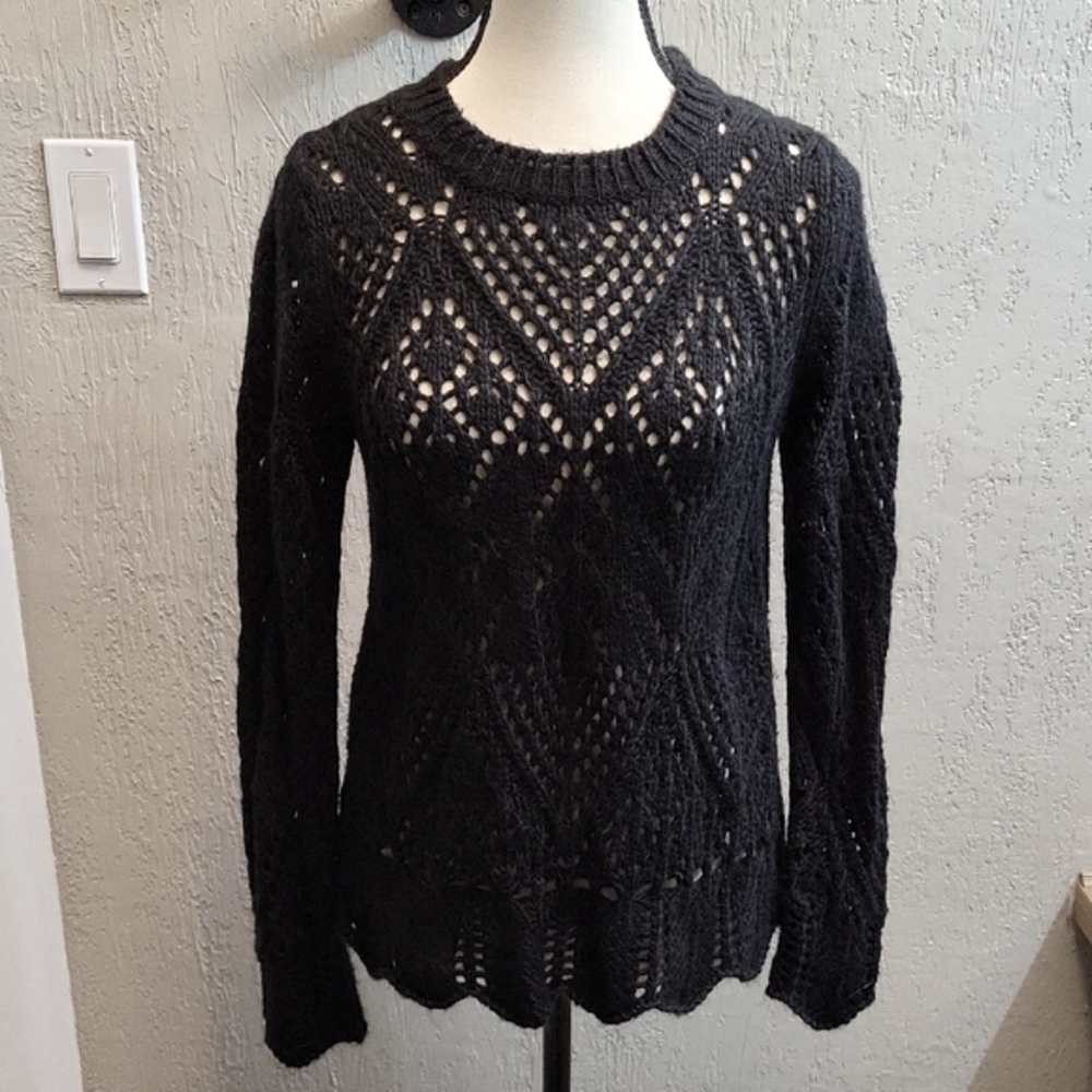 Loft Open Knit Black Crewneck Sweater With Scallopped Edge